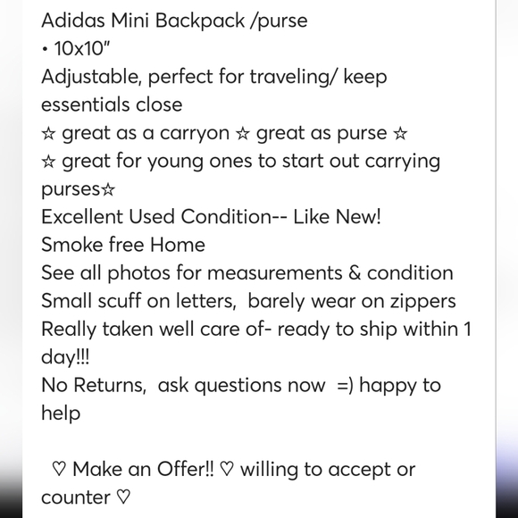 X- posted •Adidas mini backpack/purse• EUC, sanitized & ready• adjustable straps - Picture 10 of 12